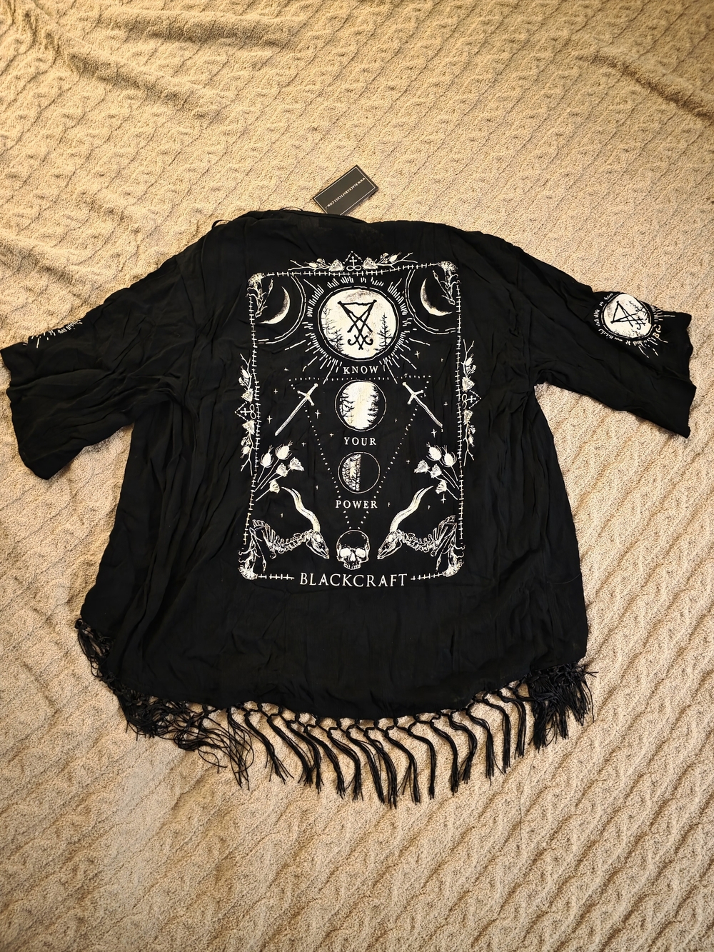 Blackcraft Gothic Fringe Kimono - Black with White Print